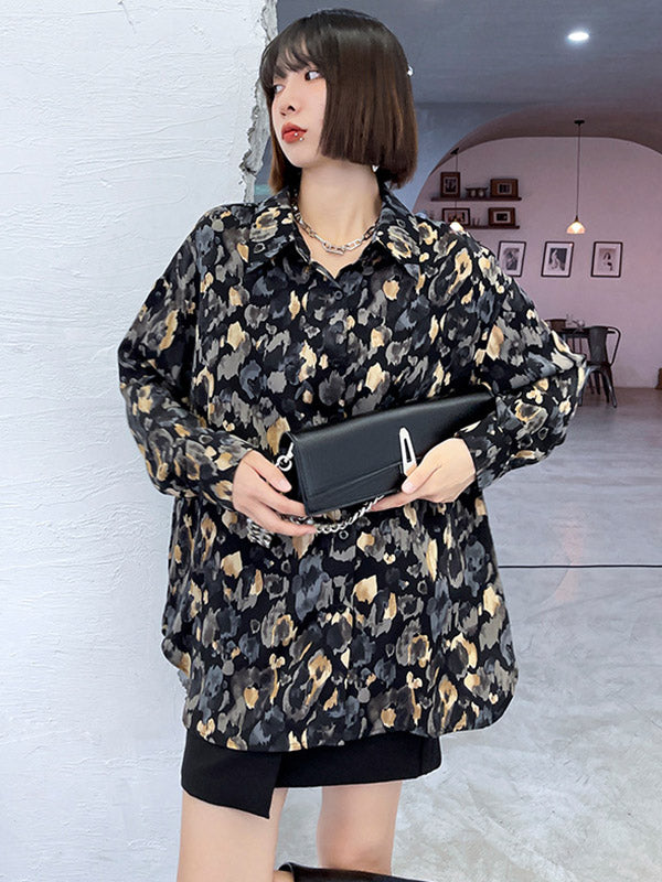 Original Stylish Loose Irregular Split-Joint Buttoned Floral Printed Lapel Collar Long Sleeves Blouse