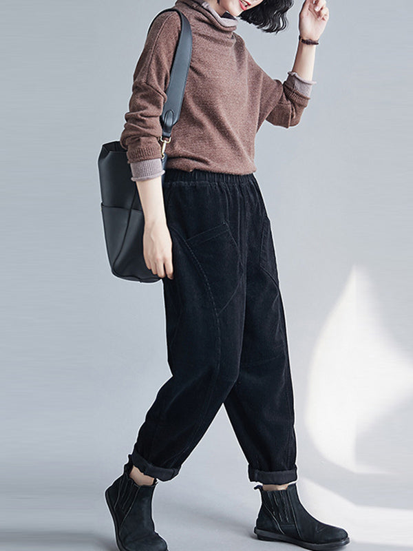 Casual Solid Color Split-Joint With Pocket Elasticity Wide Legs Corduroy Harem Pants