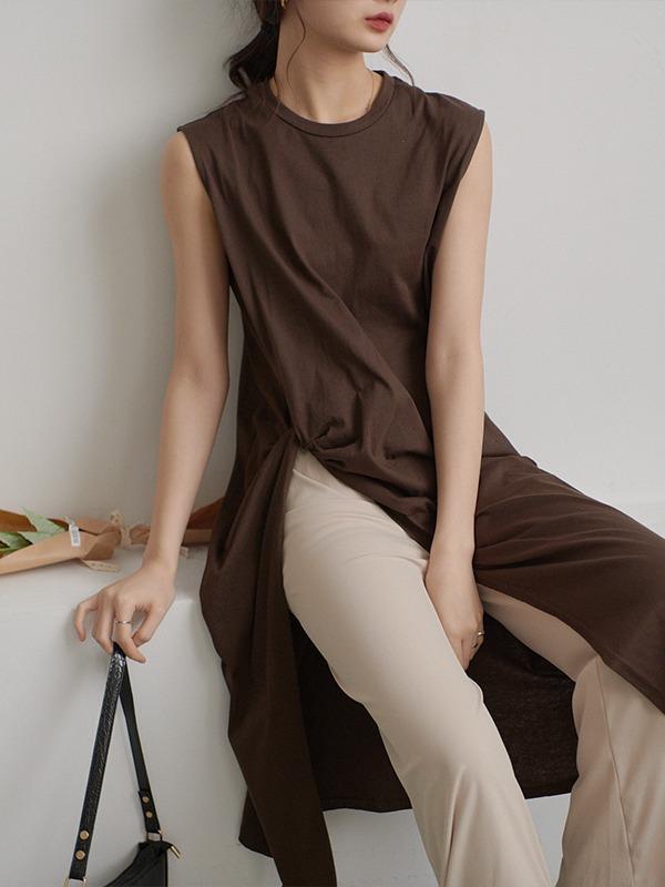 Casual Split-Side Sleeveless Ruffled Long Shirts