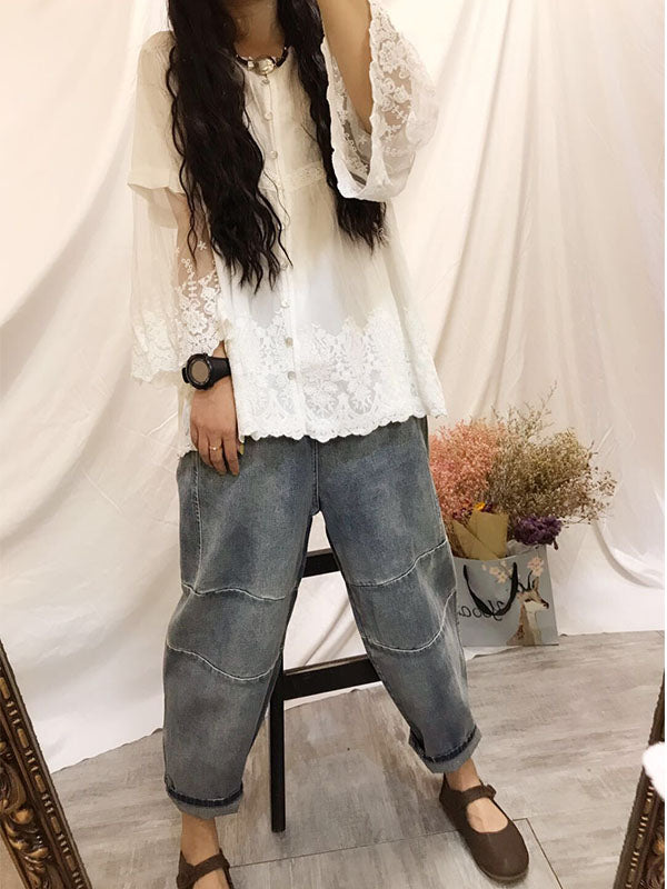 RETRO LACE EMBROIDERED GAUZE SLEEVES SHIRT