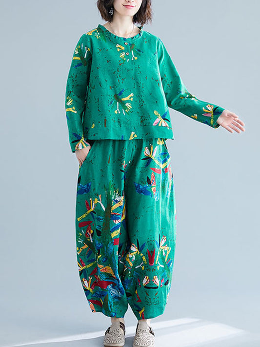 CASUAL FLORAL PRINTED BLOUSES&PANTS SUITS