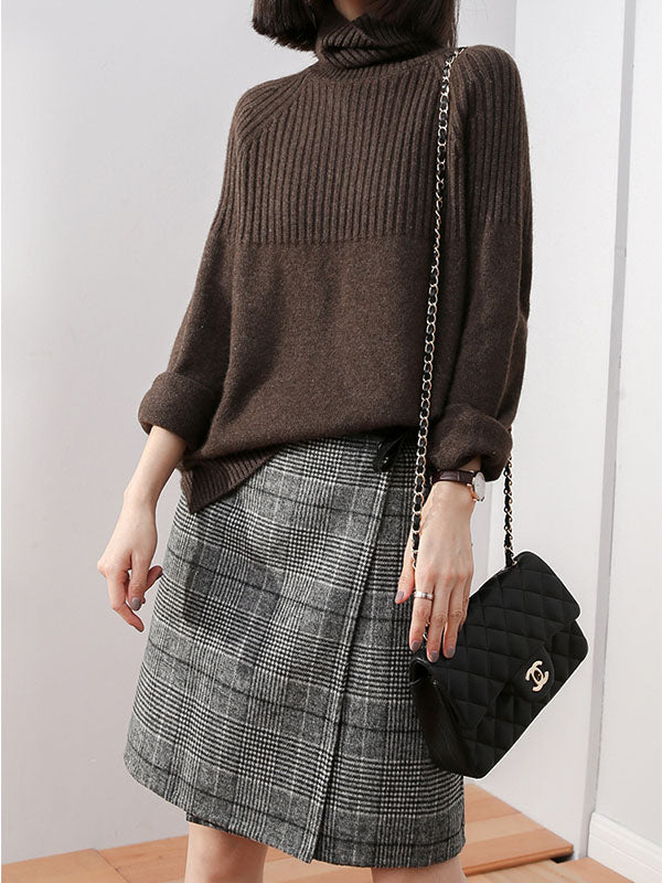 LOOSE HIGH-NECK HIGH-LOW SOLID CASUAL SWEATER