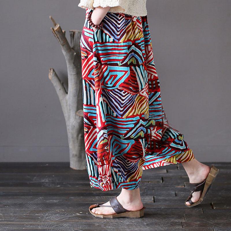 Summer Retro Printed Loose Low Crotch Cotton Pants