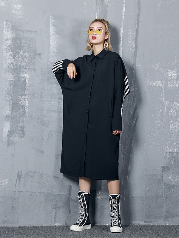 Loose Split-joint Striped Lapel Shirt Dress