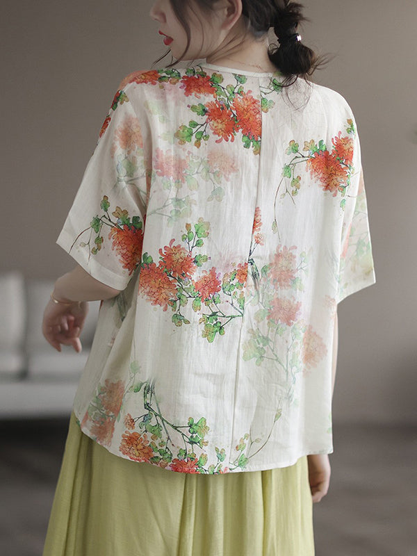 Artistic Retro Loose Ramie Cotton Buttoned Floral Printed Blouse