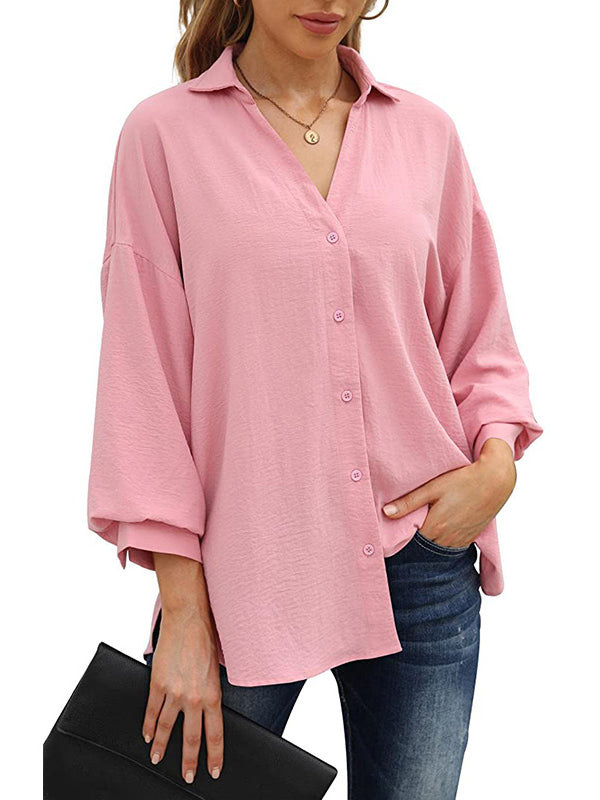 Loose Puff  Three-Quarter Sleeves Solid Color Lapel Blouses