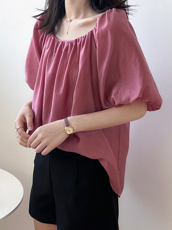 Urban Loose Solid Color Puff Sleeves Off-The-Shoulder T-Shirt