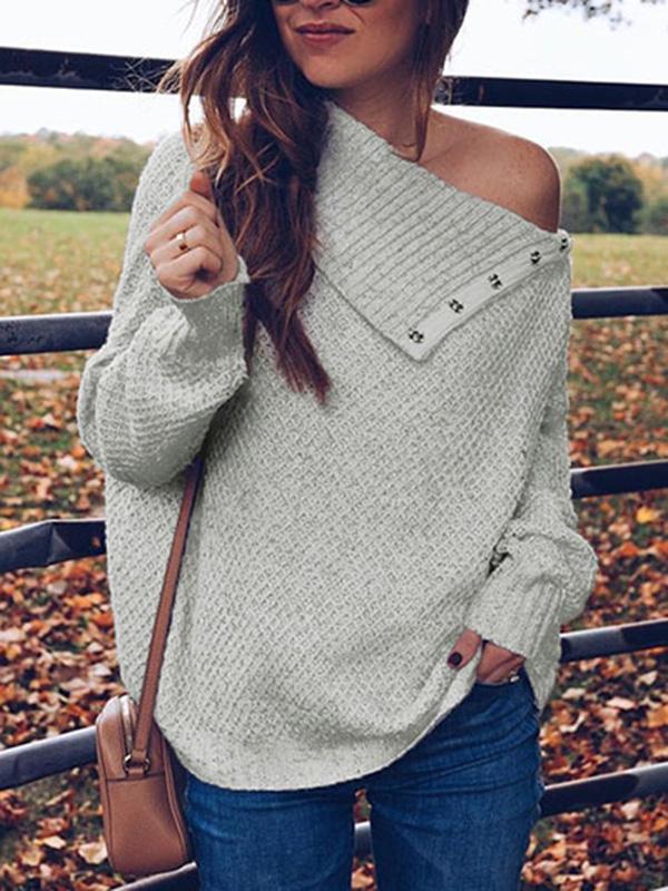 Asymmetric Solid Color Long Sleeves Sweater Tops