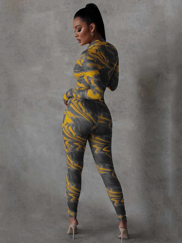 Printed Zipper Long Sleeves Jumpsuits