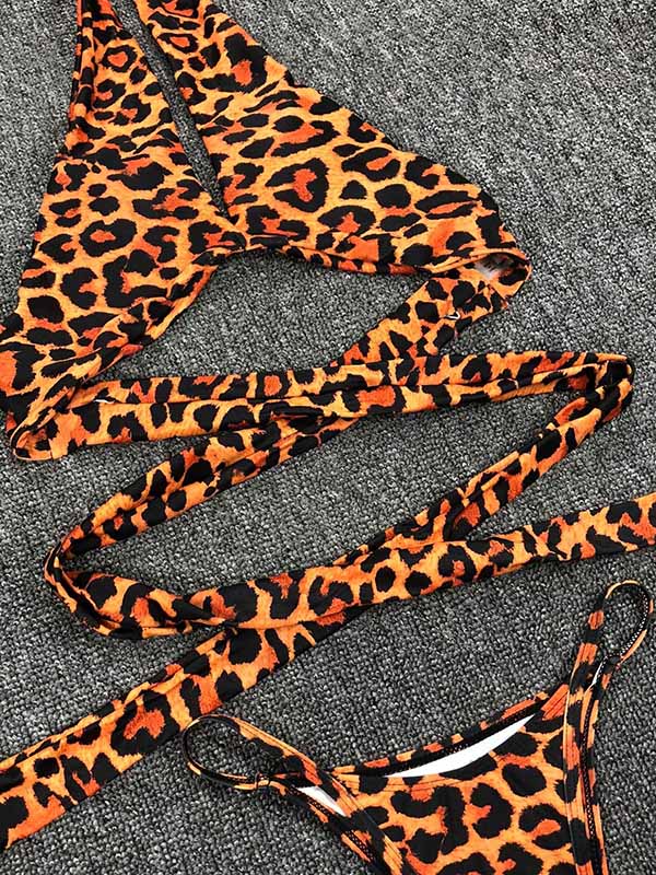 Sexy V-Neck Bandage Leopard Print Bikini Swimsuit