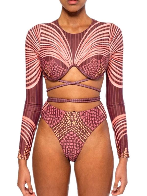 Sexy Bandage Split-Joint Long Sleeves Bikini Swimsuit