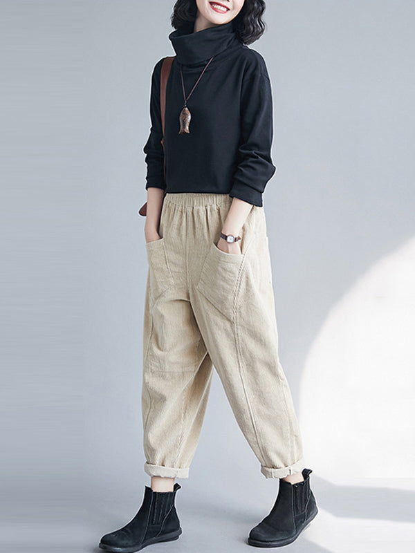 Casual Solid Color Split-Joint With Pocket Elasticity Wide Legs Corduroy Harem Pants