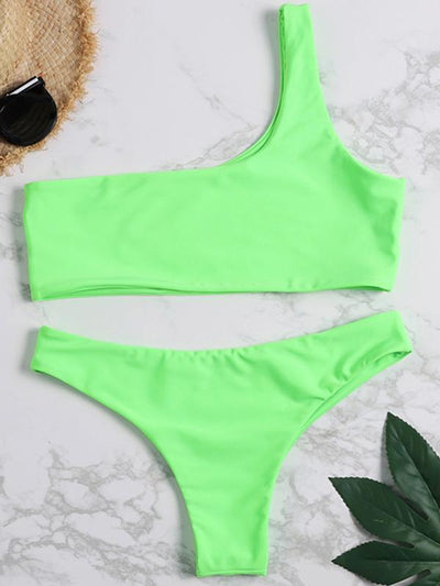 Fluorescent Green One Shoulder Bikini Set