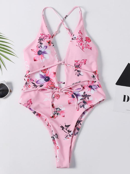 Printed Lace-Up One-Piece Swimsuit