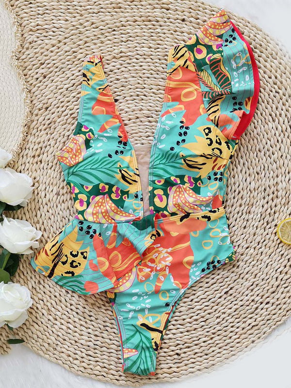 Printed Falbala One Shoulder One-Piece Swimsuit