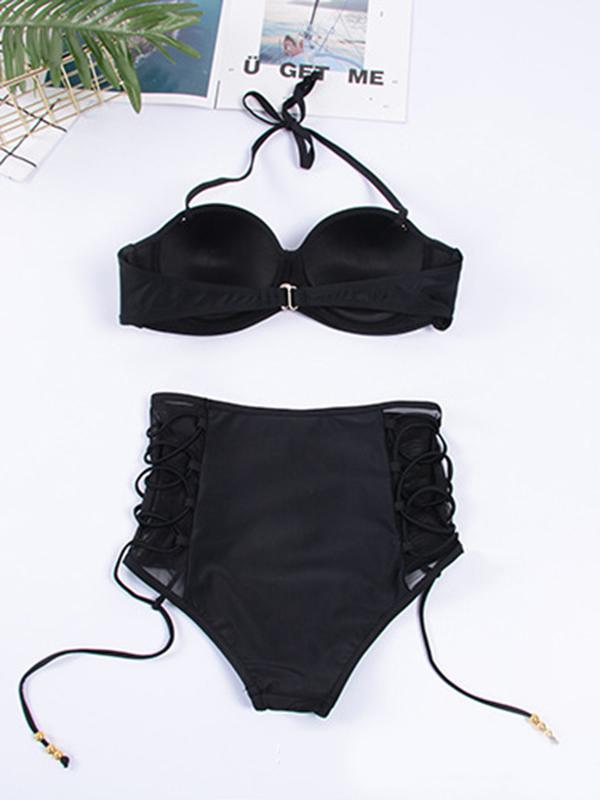 Sexy Strapless Bandage Metal Ornaments Split Type Bikini Swimsuit