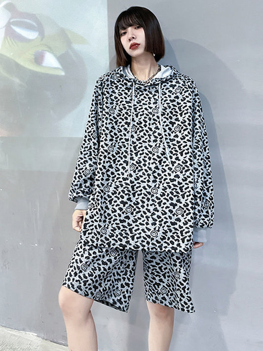 Stylish Loose Leopard Drawstring Long Sleeves Hoodies&Wide Legs Shorts 2 Pieces Set