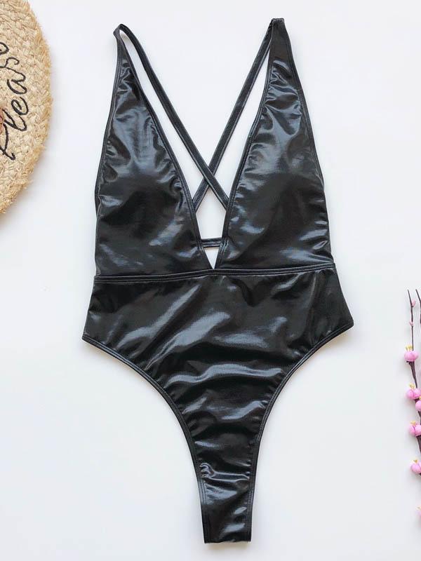 Patent Leather Deep V-Neck One-Piece Swimwear