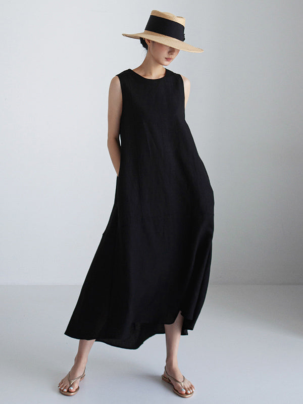 Fashion Loose Solid Color Round-Neck Sleeveless Midi Dress