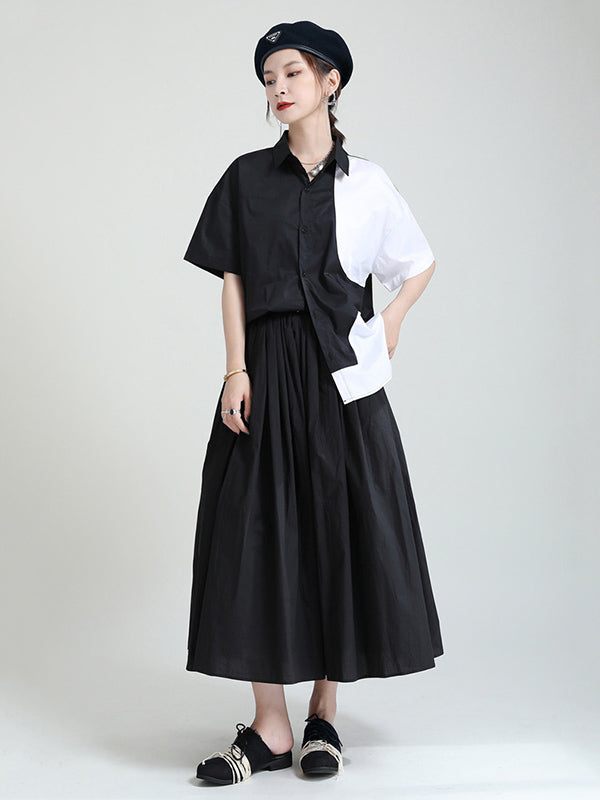 Urban Solid Color Split-Joint Mesh Pleated A-Line Skirt