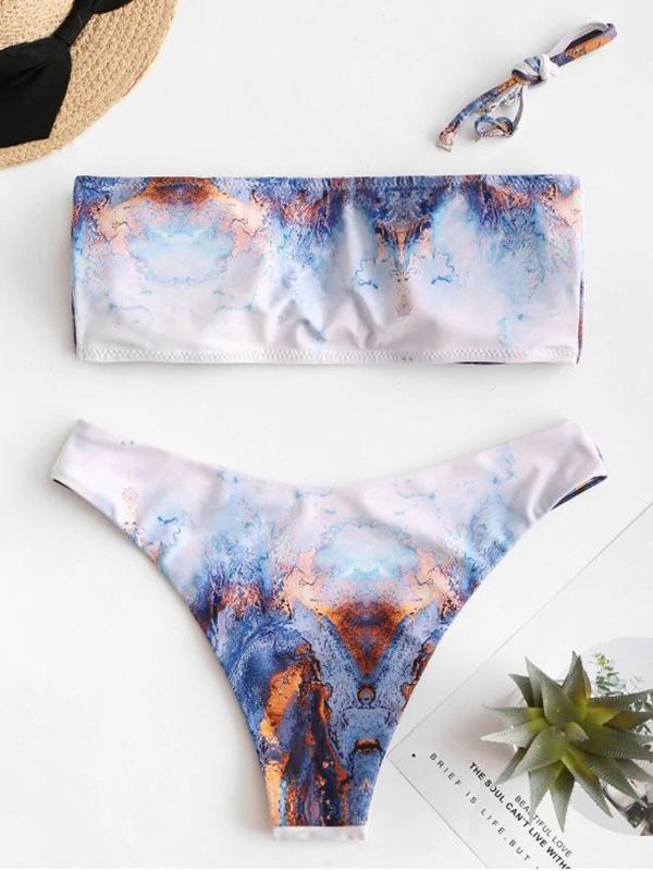 Sexy Strapless Hollow Printing Split Type Bikini Swimsuit