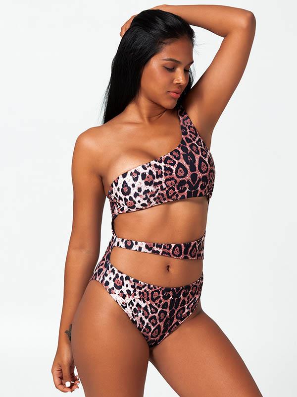 Sexy Single Shoulder Hollow Leopard Print One-Piece Bikini Swimwear