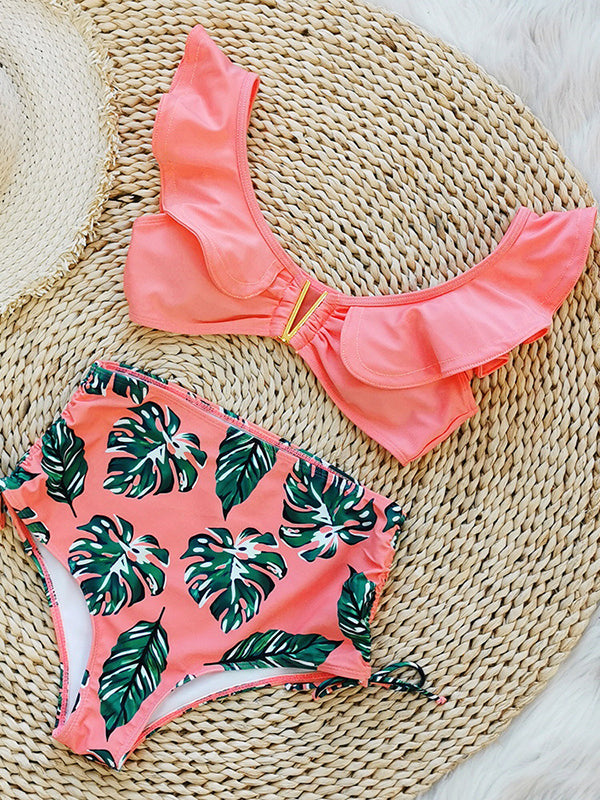 Printed High-Waisted Drawstring Falbala Bikini Swimsuit