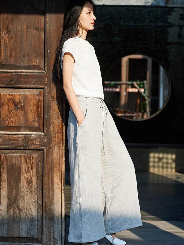 Cotton Linen Solid Wide Leg Pants