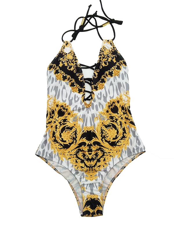 Printed Lace-up One-piece Swimwear