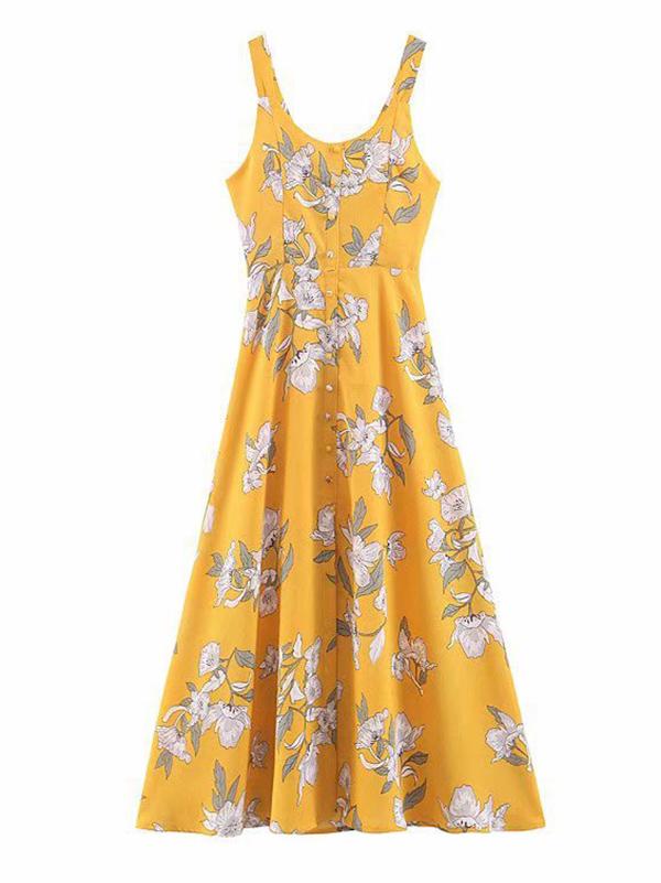 Printed Backless Split-front Sleeveless Maxi Dress