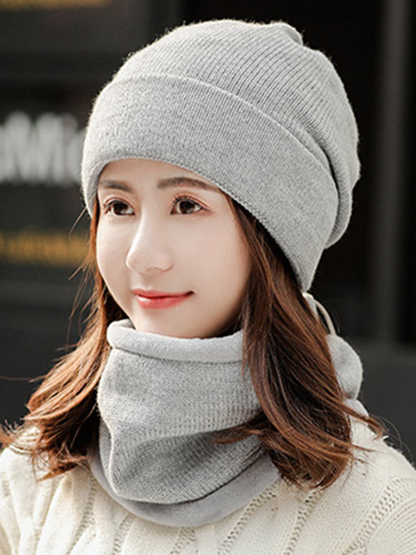 Casual Solid Color Keep Warm Knitted Scarf&Hat Two Pieces Set