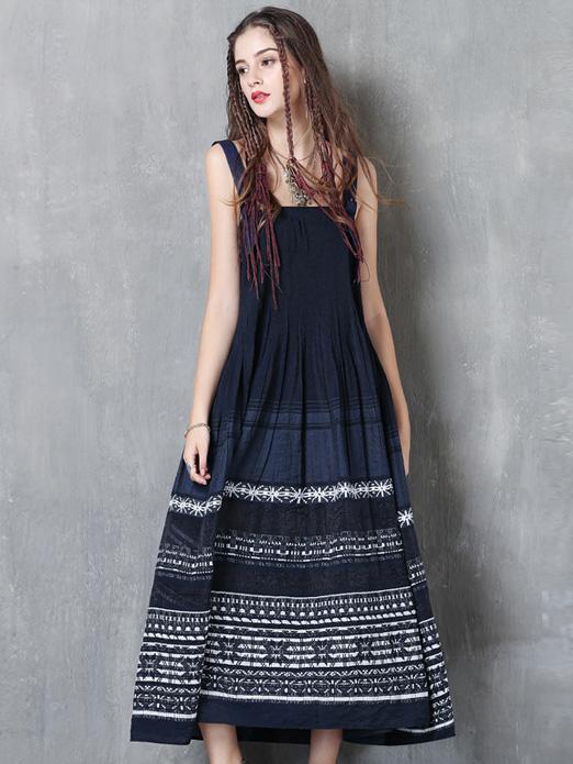 Embroidered National Ruffled Midi Dresses