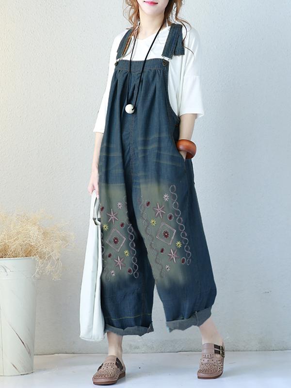 Loose Denim Embroidered Wide Leg Jumpsuit