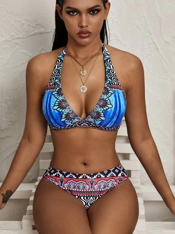 Ethnic Printed Deep V-Neck Split Bikini Swimsuit