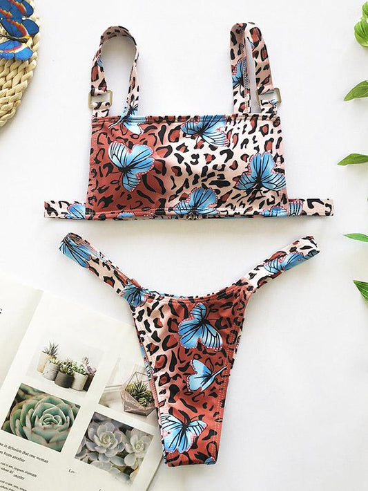 Sexy Strapless Metal Ring Printing Split Type Bikini Swimsuit