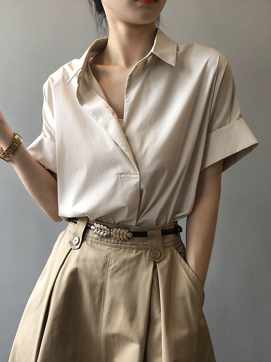 Simple Urban Solid Color Pleated Lapel Collar Short Sleeves Blouse