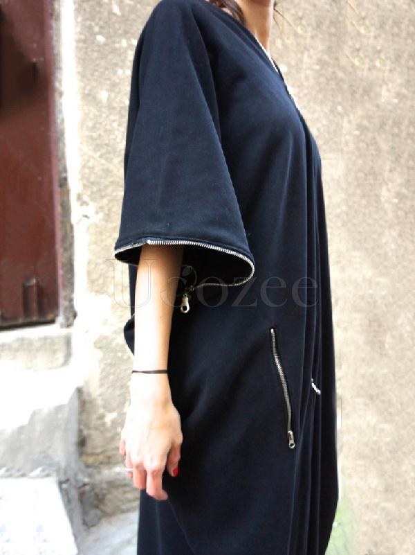 Navy-blue Zipper Batwing Sleeves Long Dress