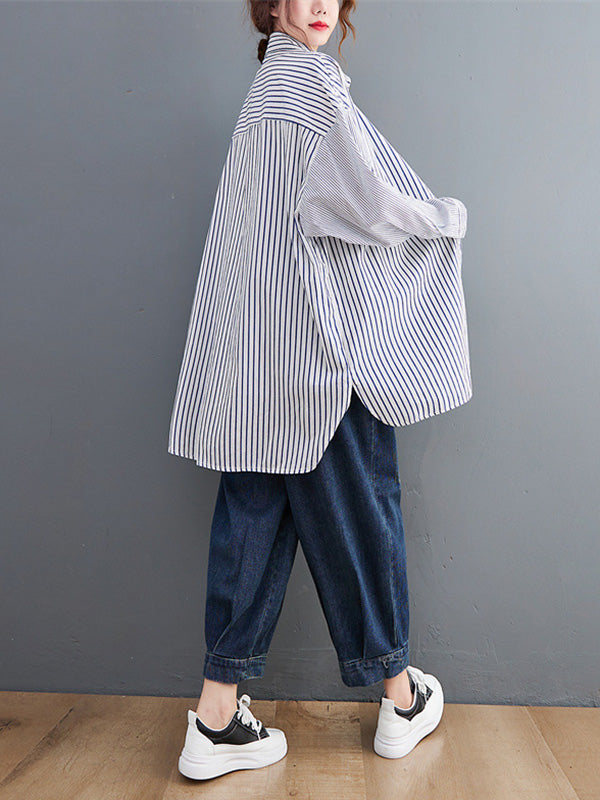 Artistic Retro Loose Striped Split-Joint With Pocket Buttoned Split-Side High-Low Lapel Collar Long Sleeves Blouse