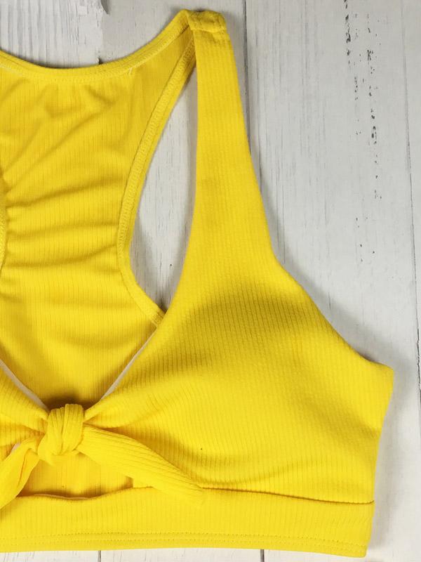 Solid Color Knotted Hollow Split Bikini Swimsuit