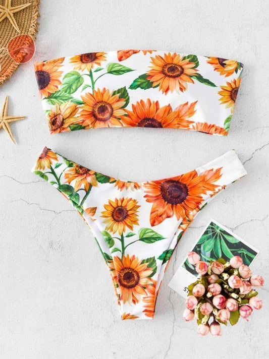 Sexy Strapless Sunflowers Split Type Bikini Swimsuit