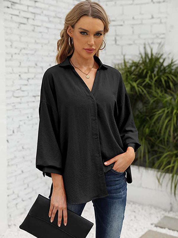 Loose Puff  Three-Quarter Sleeves Solid Color Lapel Blouses