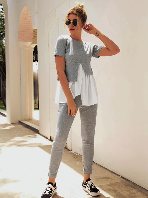 Falbala Split-joint Cropped Tee&Pants Sports Suits