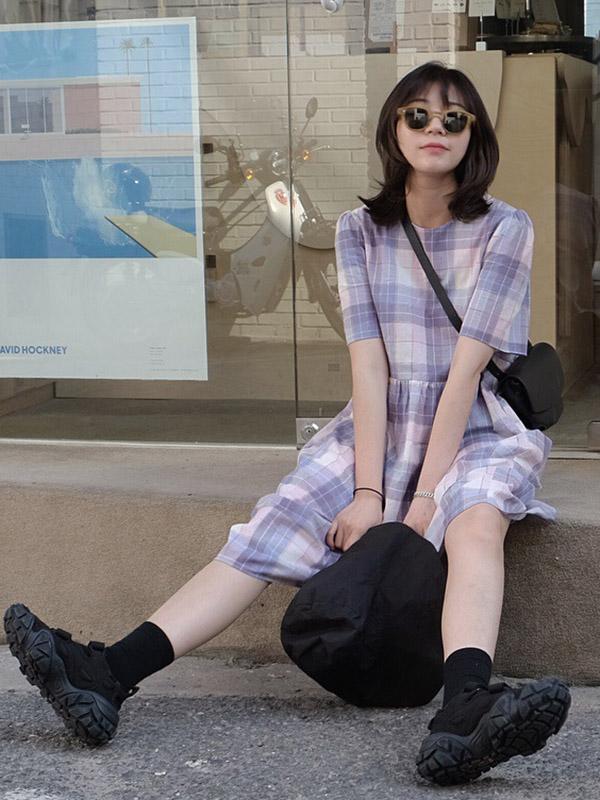 Vintage Plaid Puff Sleeves Dress