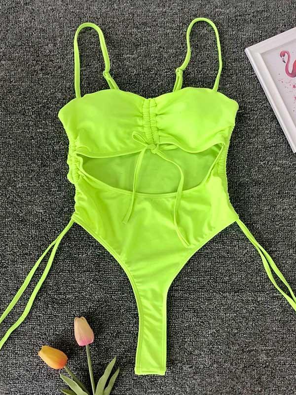 Plain Spaghetti-neck One-Piece Swimsuit