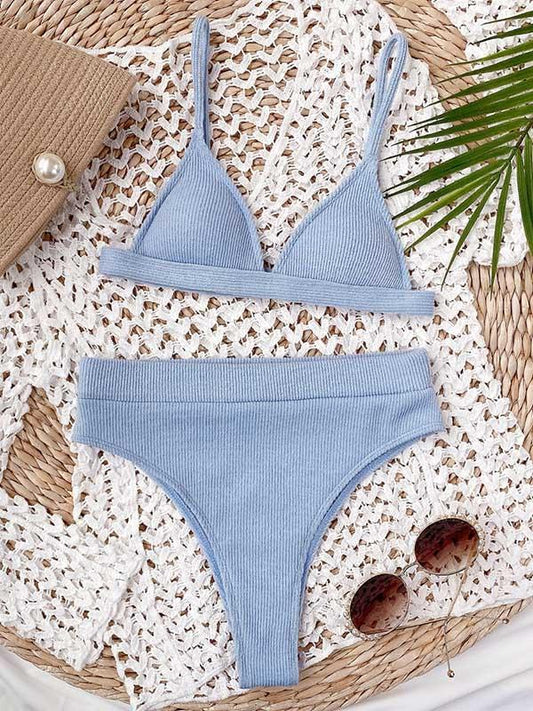 Solid Color Triangles Empire Split Bikini Swimsuit