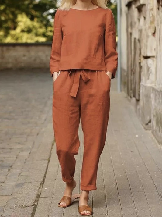 Solid Color Long Sleeve T-Shirt + Belted Pants Two Pieces Set