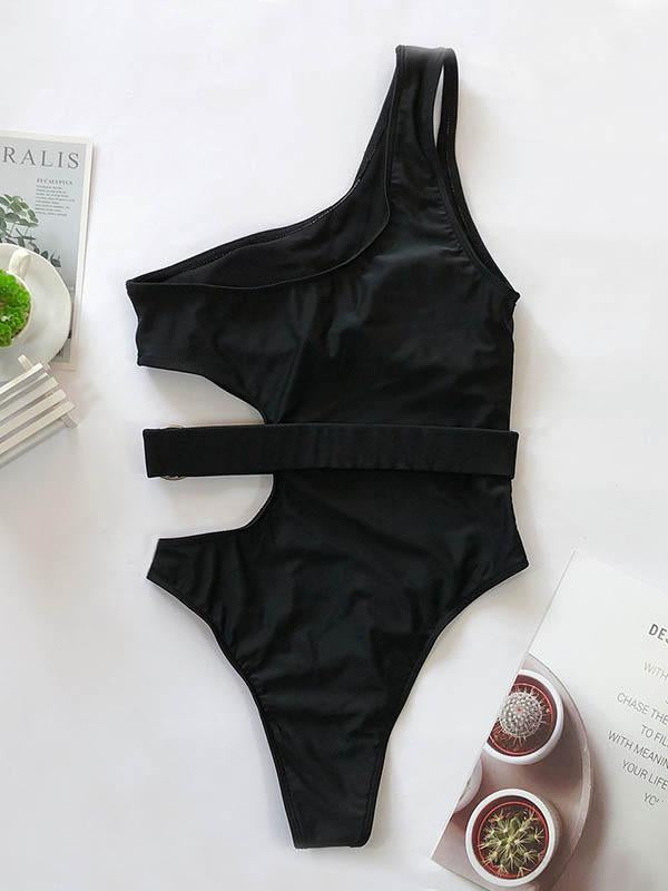 One-Shoulder Hollow Waist Buckle One-Piece Swimwear