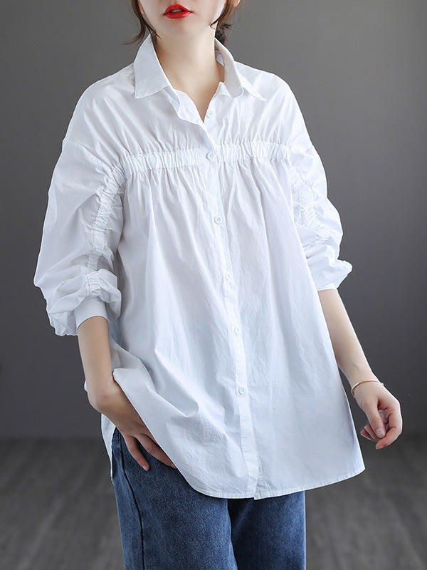 Simple Split-Joint Pleated Buttoned Lapel Collar Long Sleeves Blouses