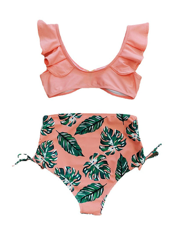 Printed High-Waisted Drawstring Falbala Bikini Swimsuit