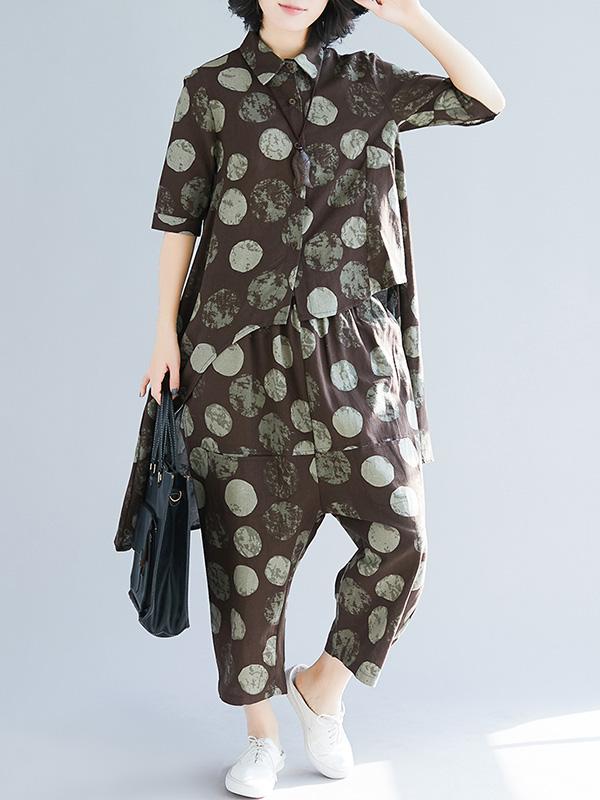 Loose Polka-Dot High-low Lapel Blouse&Pants Suits